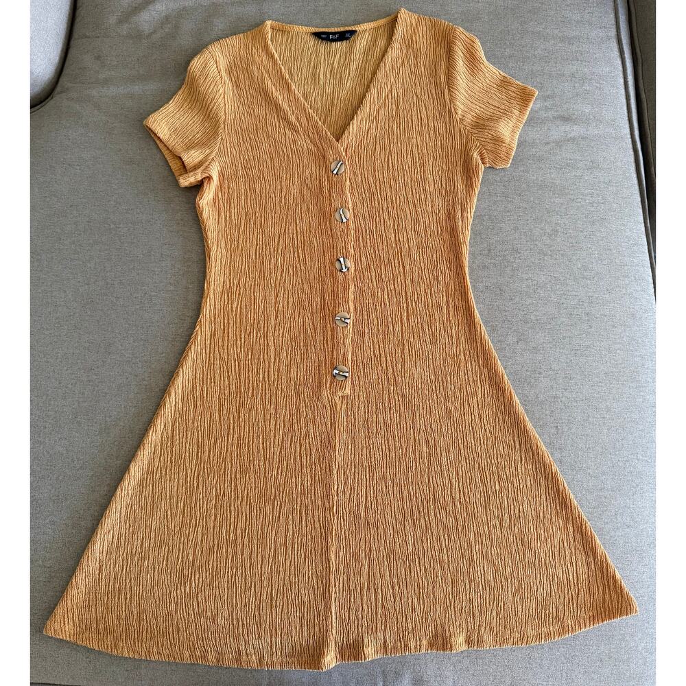F&F Mustard Yellow Textured Button Front Mini Dress Boho US 8 UK 12 Y2K